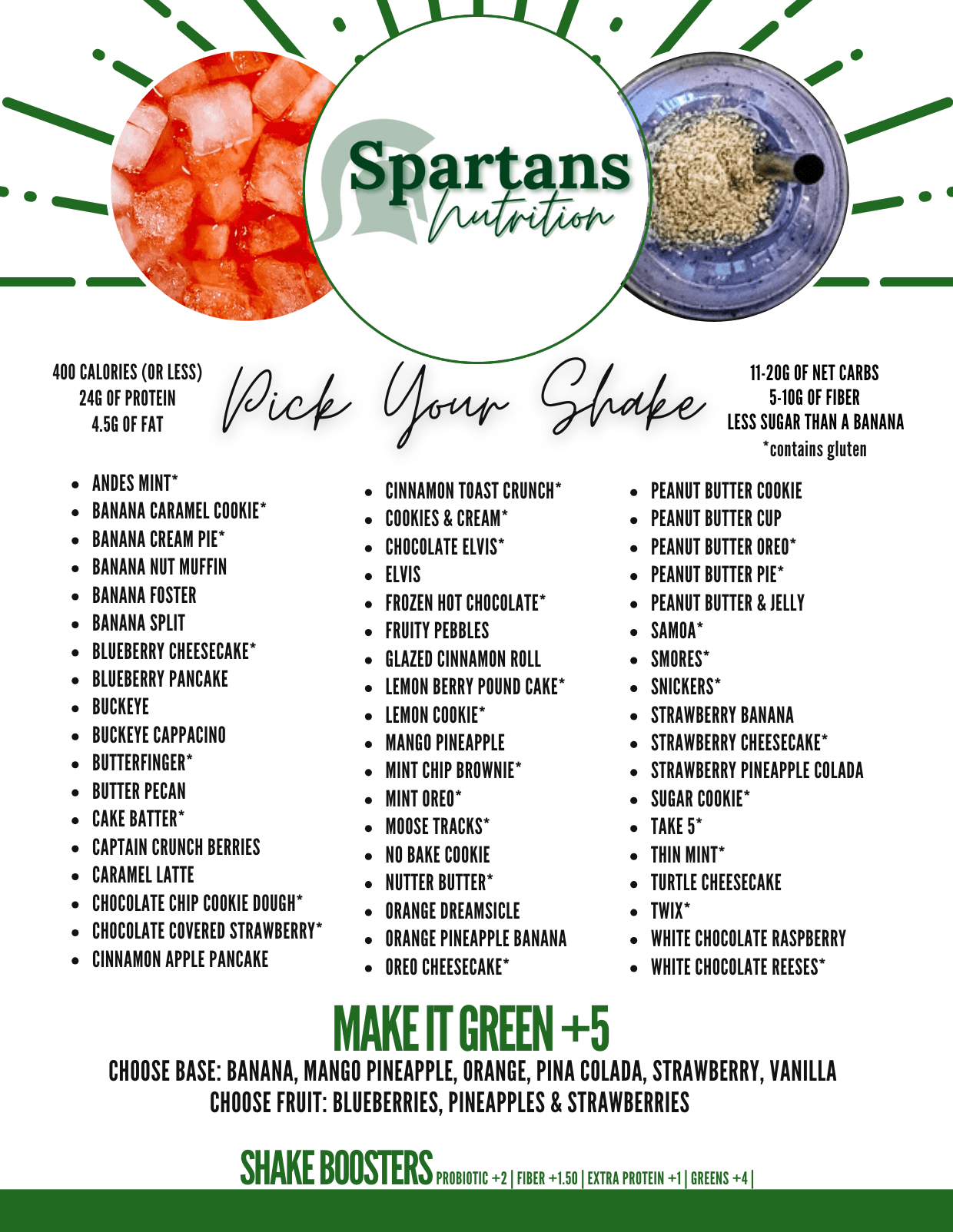 Spartans Nutrition shakes menu board — 400-calorie meal-replacement protein shakes and shake boosters