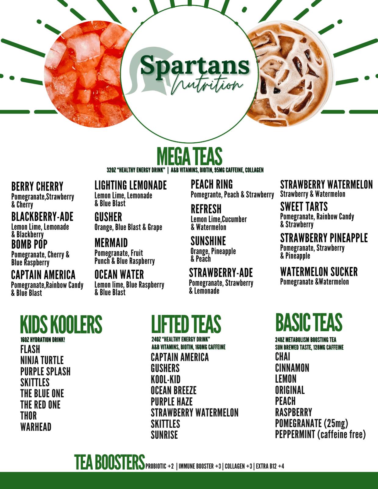Spartans Nutrition menu board — mega teas, kids koolers, lifted teas, and basic teas