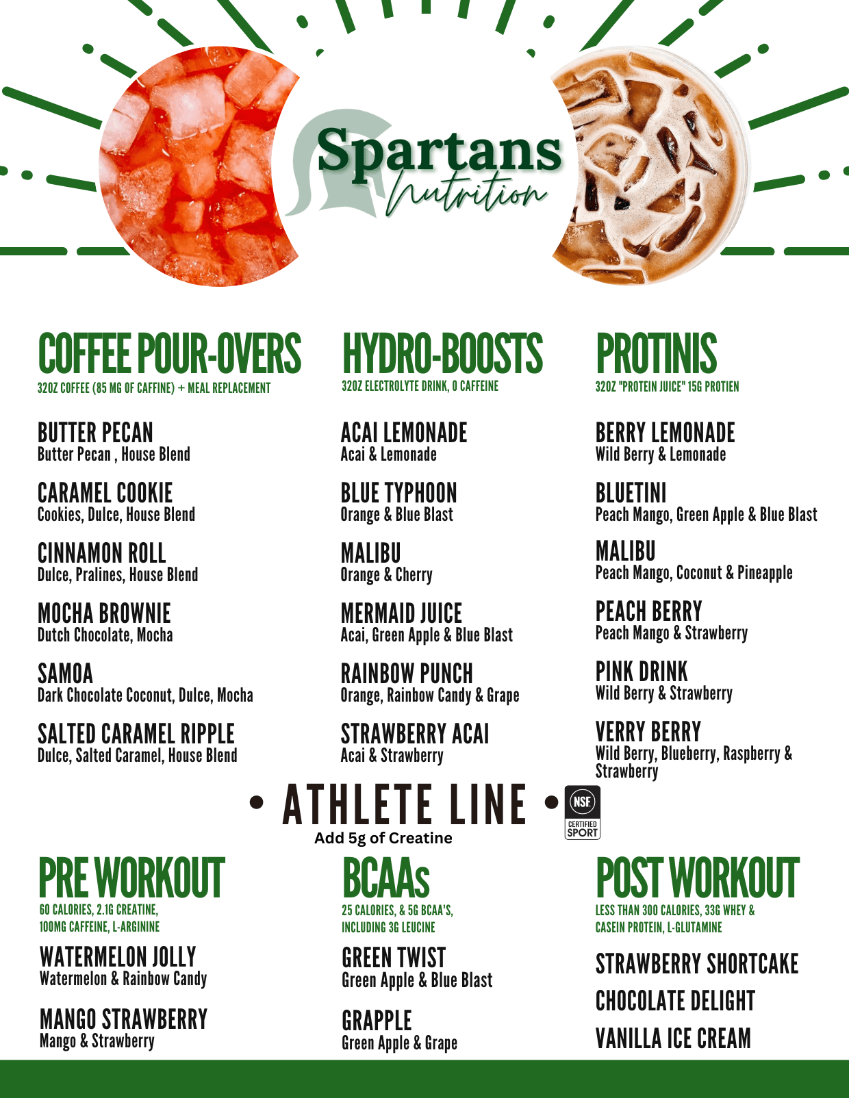 Spartans Nutrition menu board — coffee pour-overs, hydro-boosts, protinis, and the athlete line