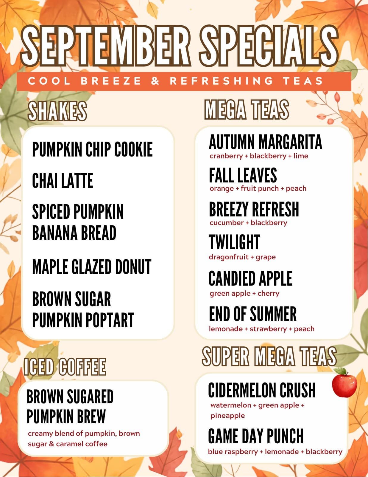 September specials board — cool breeze and refreshing teas: pumpkin shakes, autumn mega teas, iced pumpkin coffee, and super mega teas